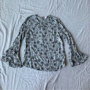 Erin Blair Grey & Black Floral Print Long Bell Sleeve Beachy Bohorayon Blouse